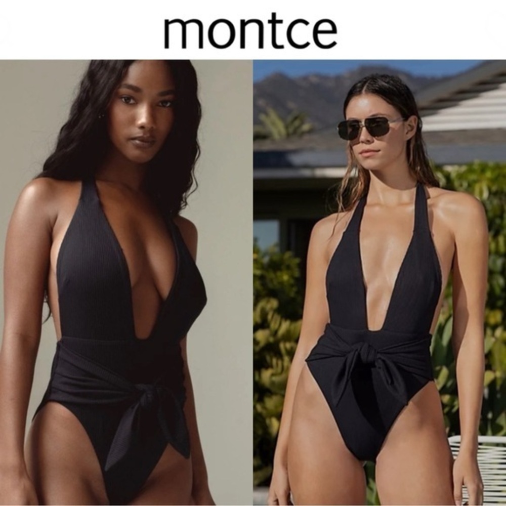 MONTCE Tie Waist Halter Rib Tropez Tie-Up One-Piece, Black,Large, $218 NWT